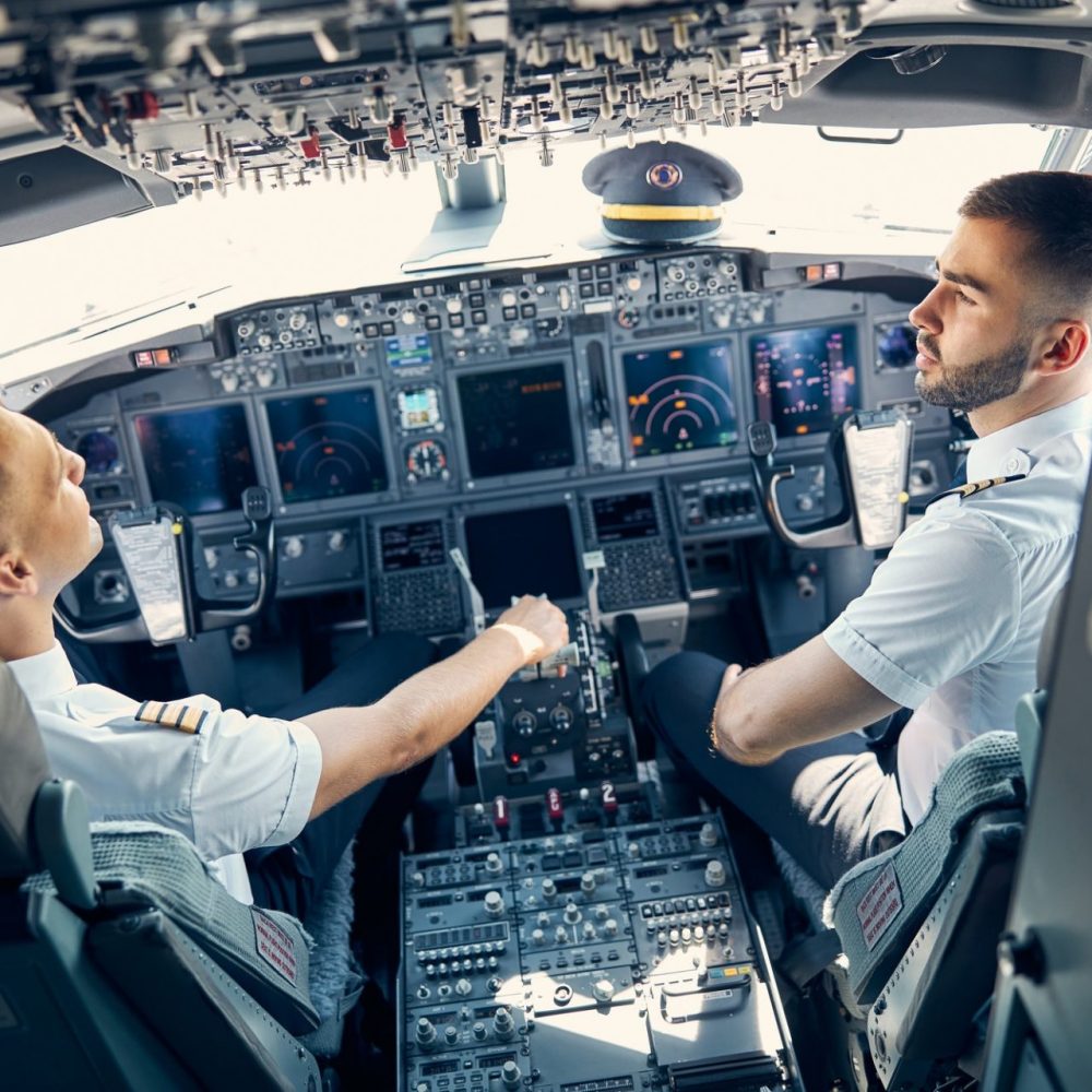 The pilots of aircraft prepares for landing at the airport